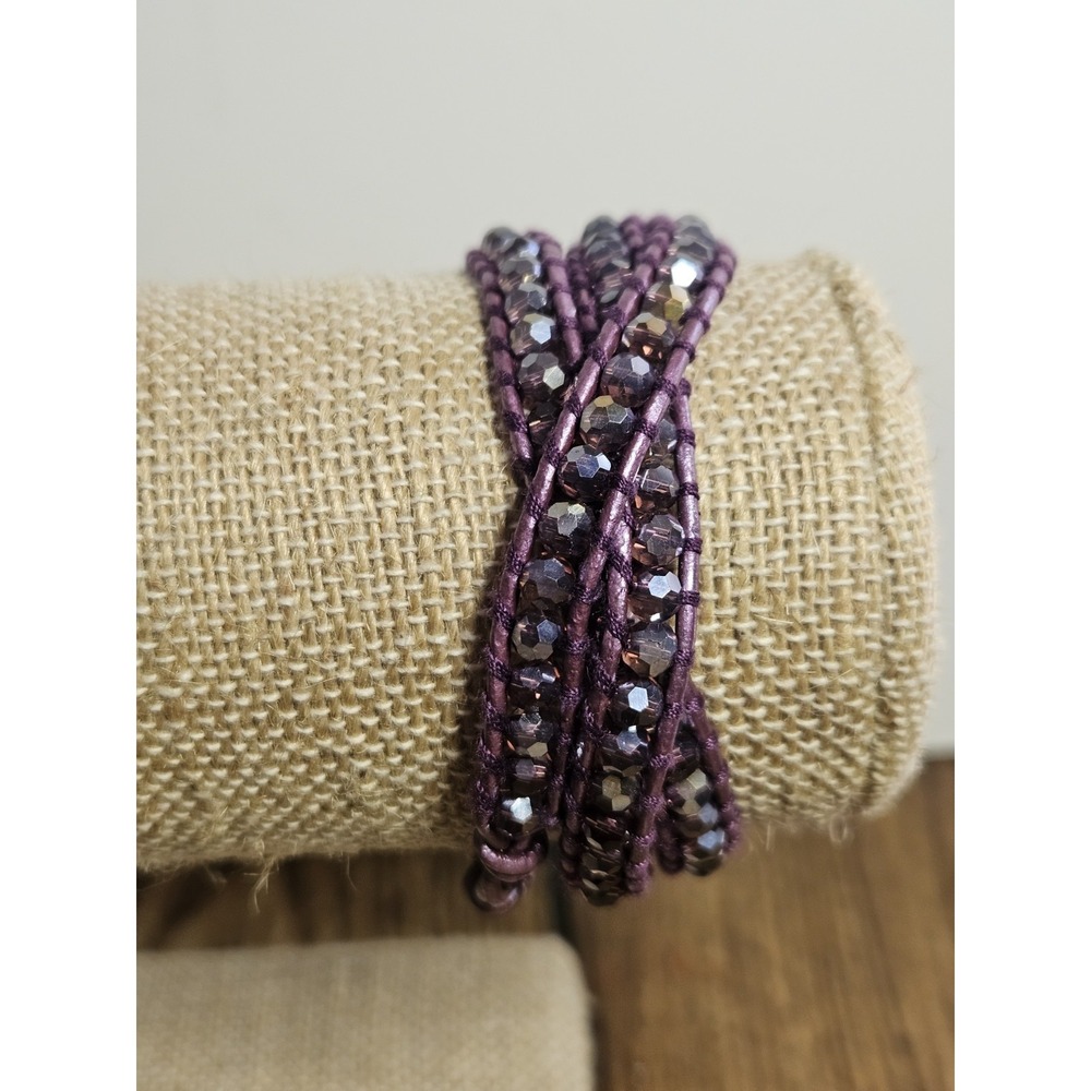 Victoria Emerson Purple Crystal Iridescent Beaded Leather Multi-Wrap Bracelet